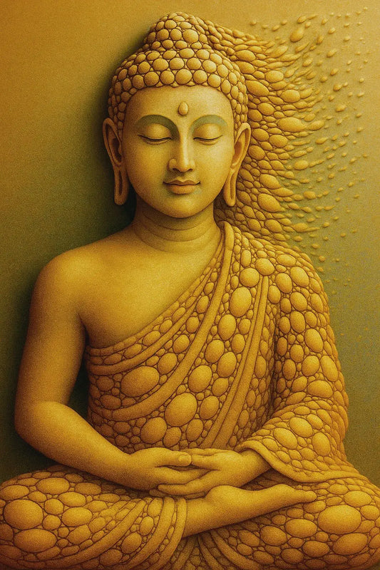Golden Pebble Buddha Art Print: Serene Textured Meditation Sculpture for Zen Home Decor & Spiritual Peace
